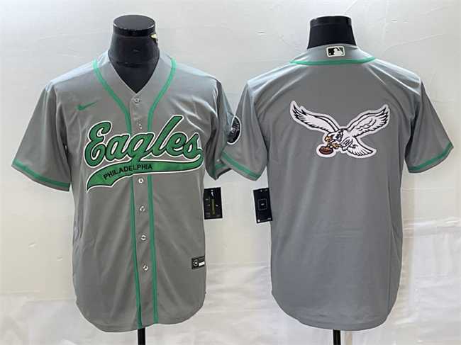 Mens Philadelphia Eagles Gray Team Big Logo Cool Base Stitched Baseball Jersey